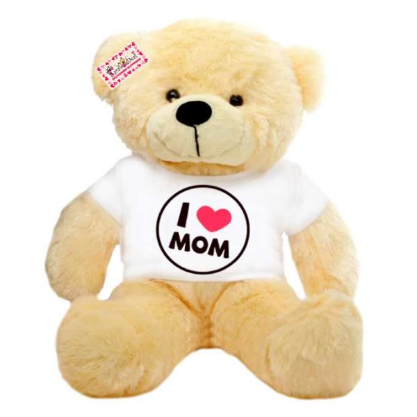 2 feet peach teddy bear wearing I Love Mom T-shirt